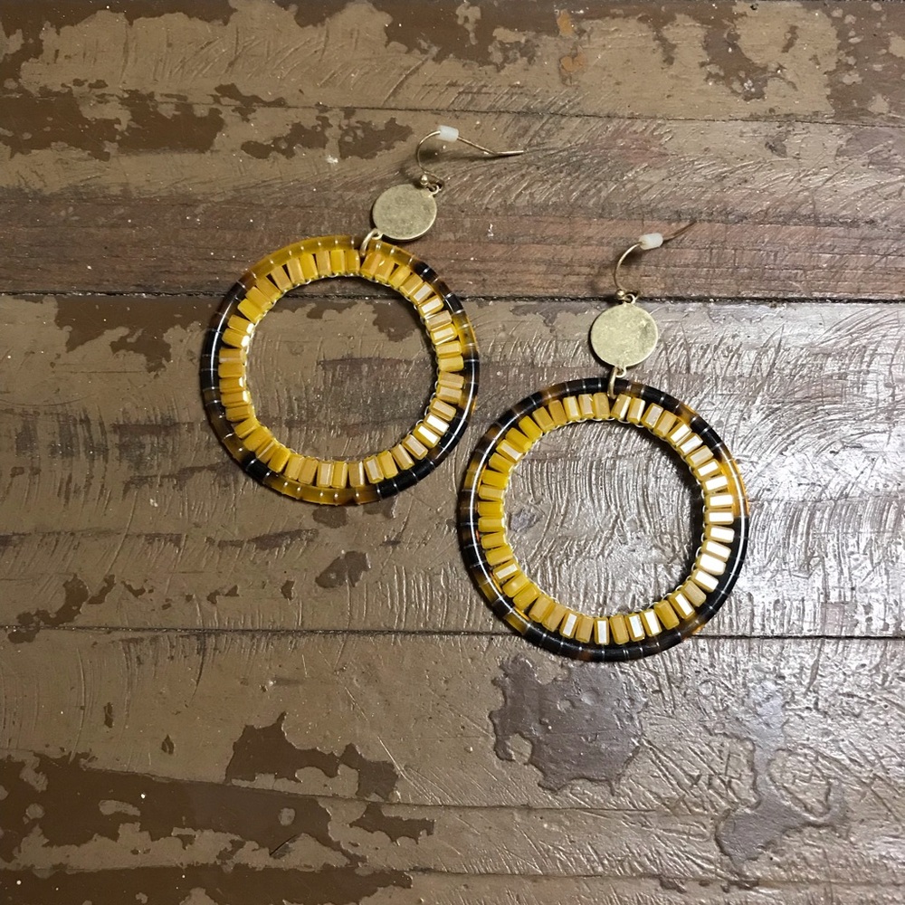 Gold and Black Beaded Hoop Earrings w Hook Wires- Tortoise Shell Colors